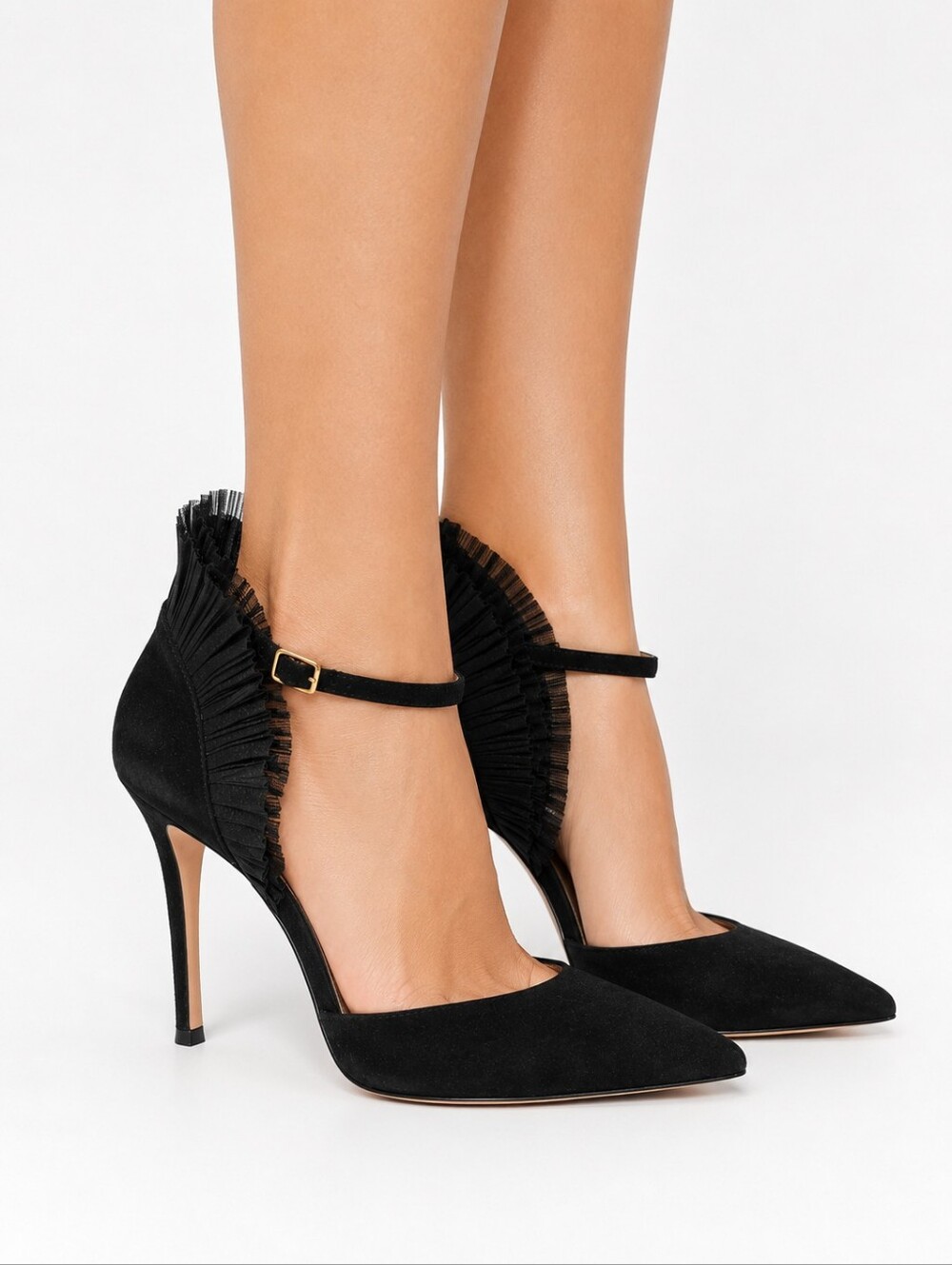 Gianvito Rossi Annabelle Ruffled Suede Pumps Black Size 39.5 NEW